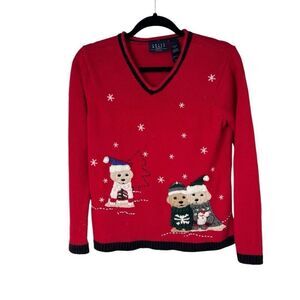 Vintage‎ Y2K Holiday Christmas Sweater Puppies Pullover V Neck Women’s Ugly